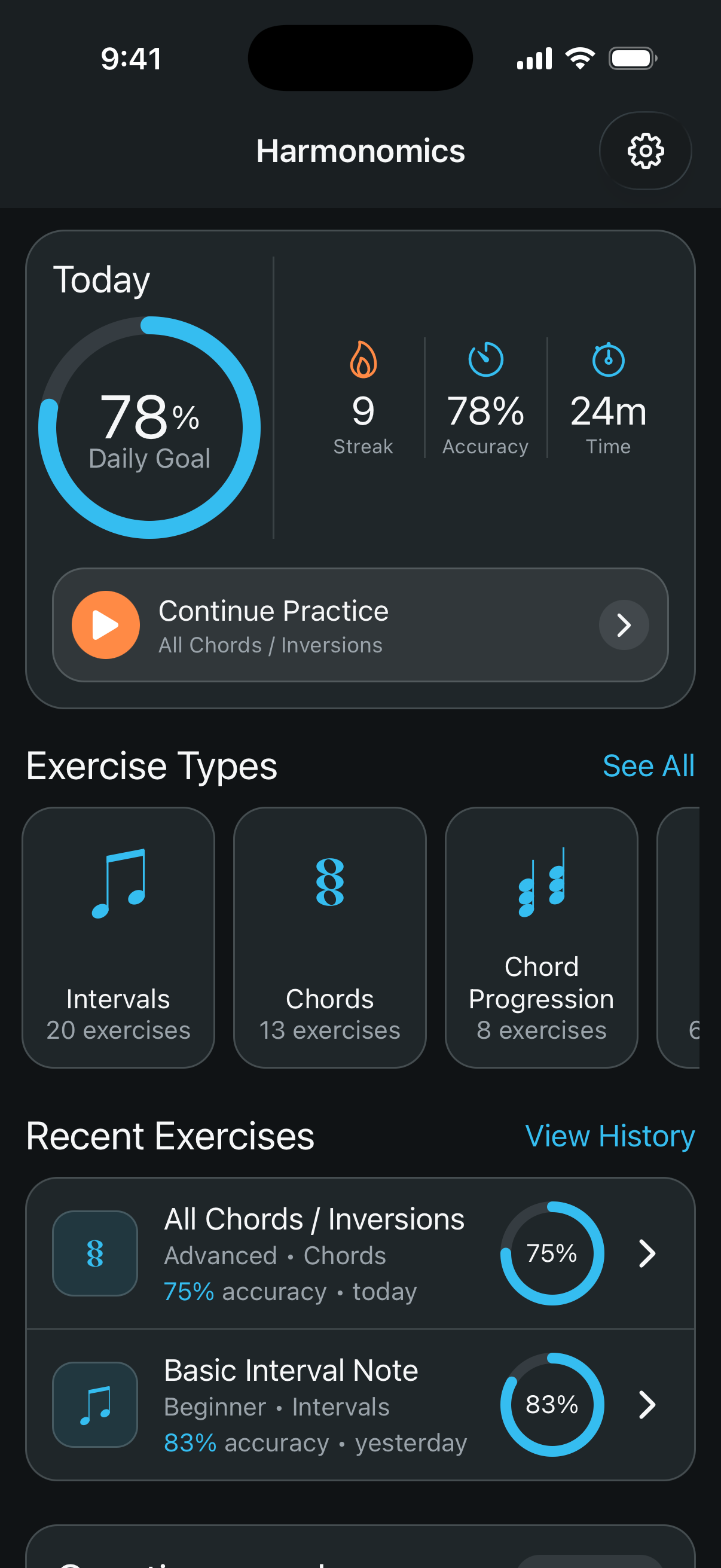 Harmonomics home dashboard showing goals, streak, accuracy, and recent exercises