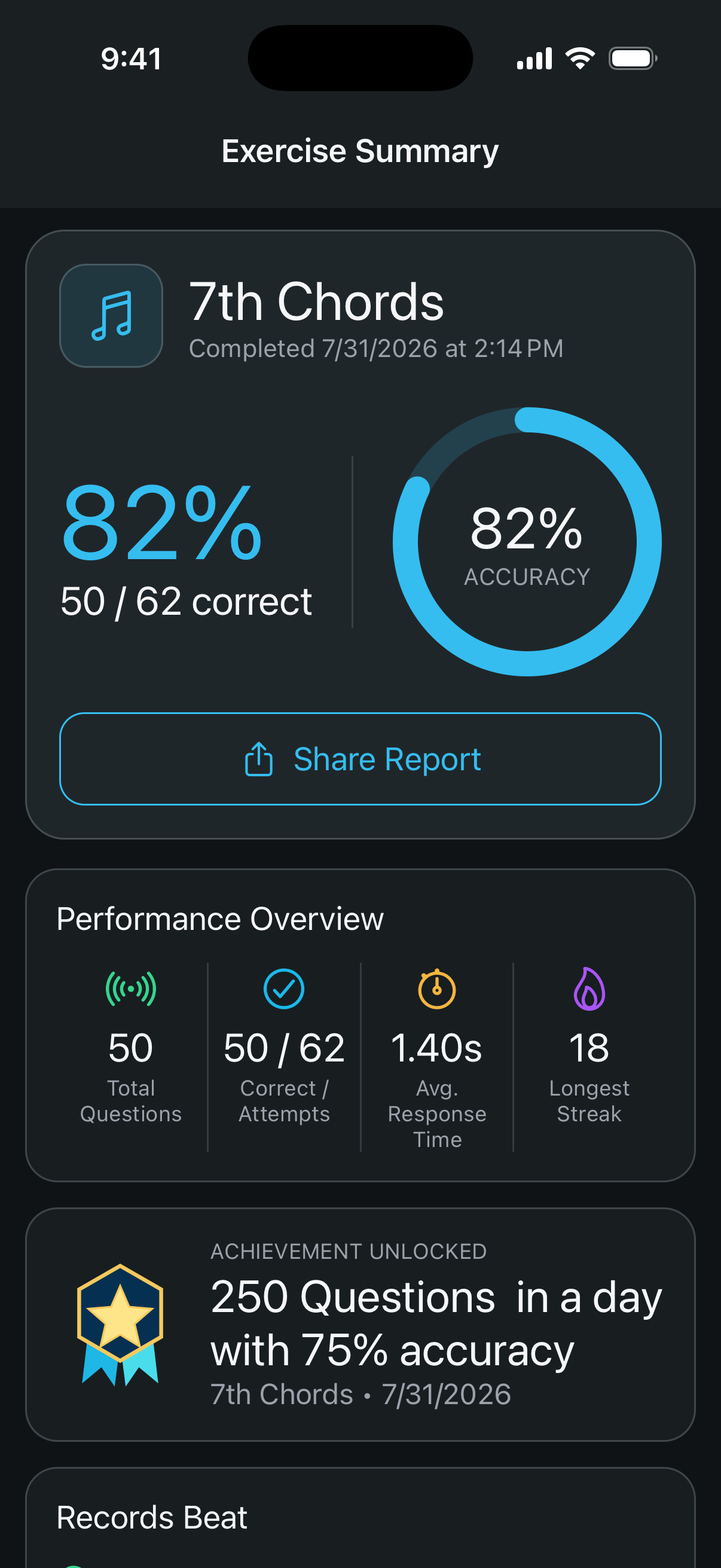 A Harmonomics exercise summary with accuracy and performance details
